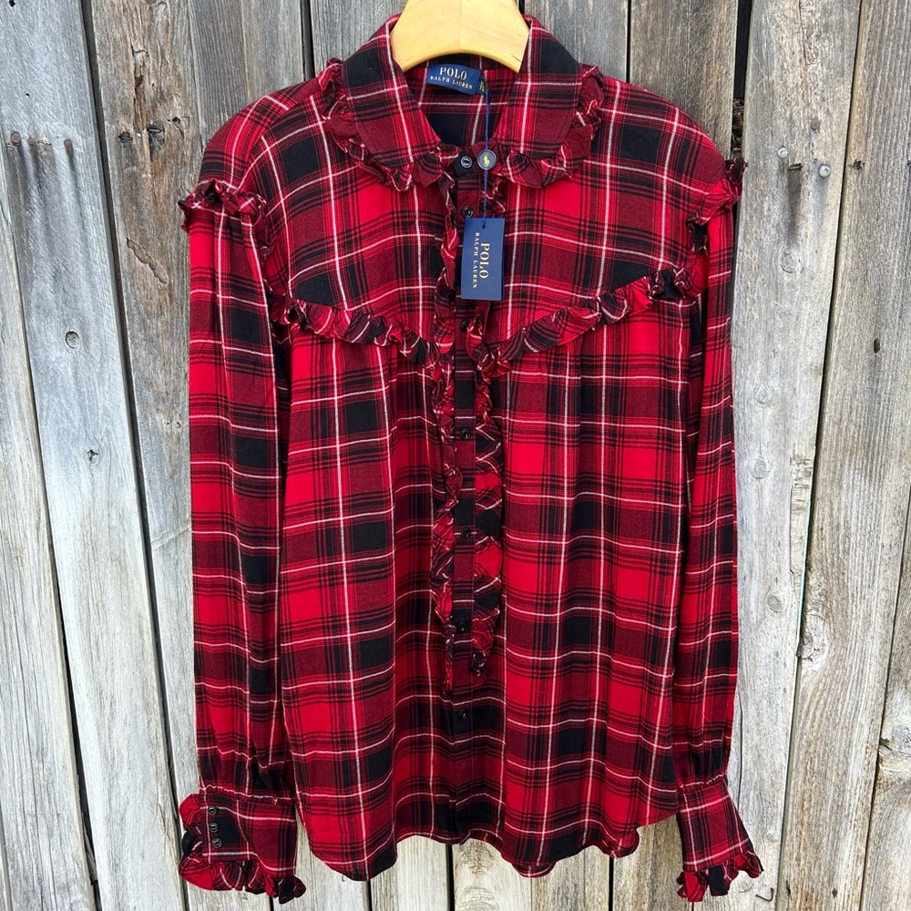 NWT Polo Ralph Lauren Ruffle Plaid Shirt Blouse Viscose Wool Red Black XL - Picture 16 of 16